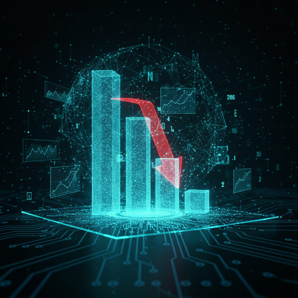 Grafika 3D ilustrująca spadek KPI na stronie internetowej – problem, który diagnozujemy w ramach opieki nad stroną.