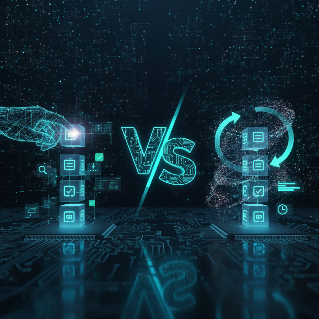 Grafika 3D przedstawiająca pojedynek "VS" między ręcznymi aktualizacjami (sterowana dłonią) a automatycznymi (cykl odświeżania), symbolizując dylematy w procesie tj. efektywna opieka nad stroną WordPress.