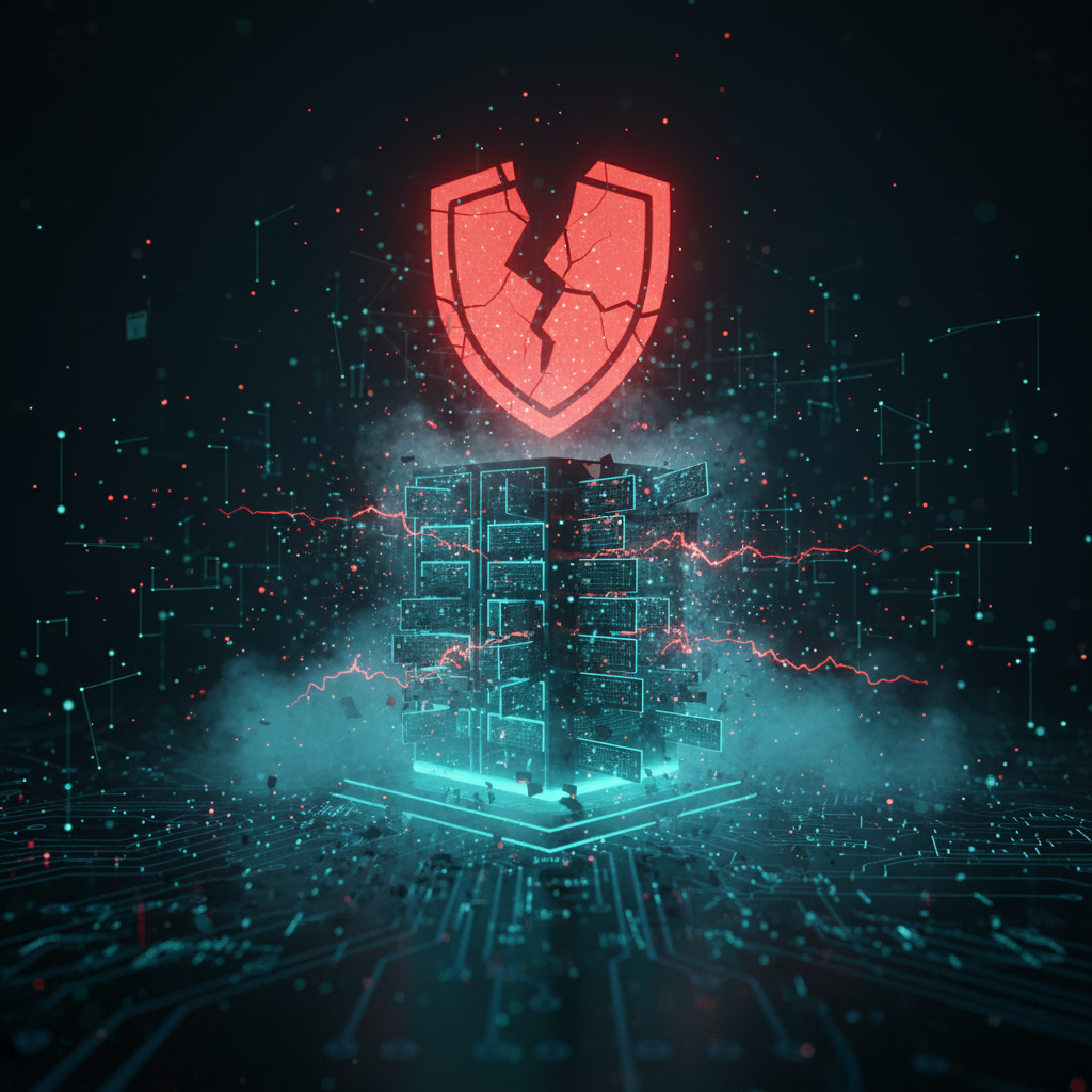 Grafika 3D przedstawiająca awarię serwera strony internetowej, z uszkodzonymi elementami i czerwoną, pękniętą tarczą symbolizującą brak ochrony.