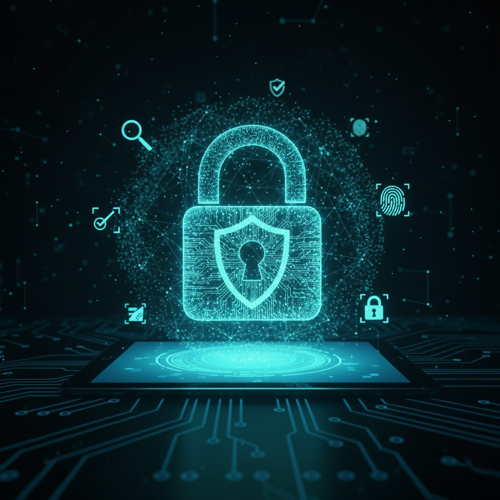 Grafika 3D przedstawiająca cyfrową kłódkę z tarczą, ilustrująca zaawansowane bezpieczeństwo strony internetowej i ochronę przed atakami.