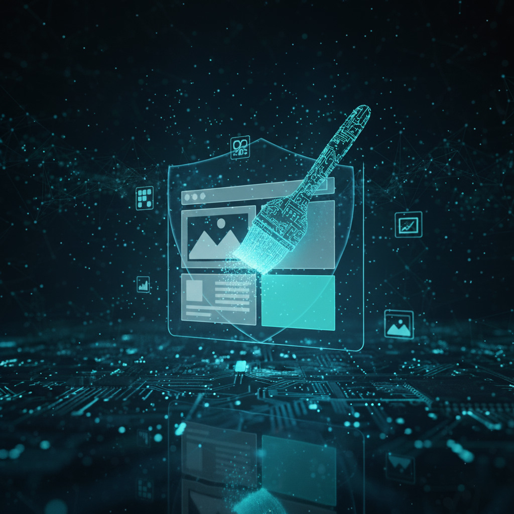 Grafika 3D przedstawiająca pędzelek modyfikujący elementy strony internetowej, symbolizujący wprowadzanie drobnych zmian w ramach profesjonalna administracja stron internetowych.