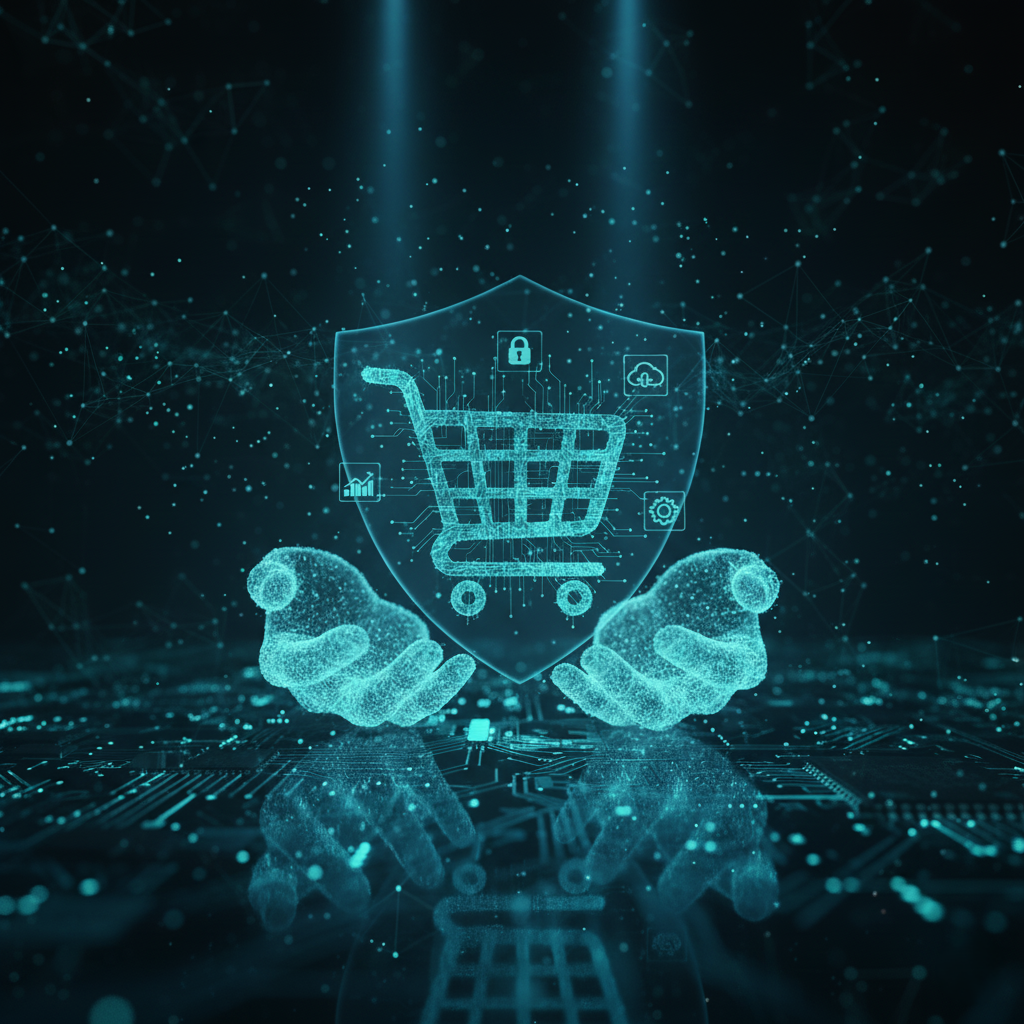 Wizualizacja 3D przedstawiająca koszyk e-commerce, nad którym czuwa cyfrowa dłoń – kluczowy element usługi: opieka techniczna nad stroną.