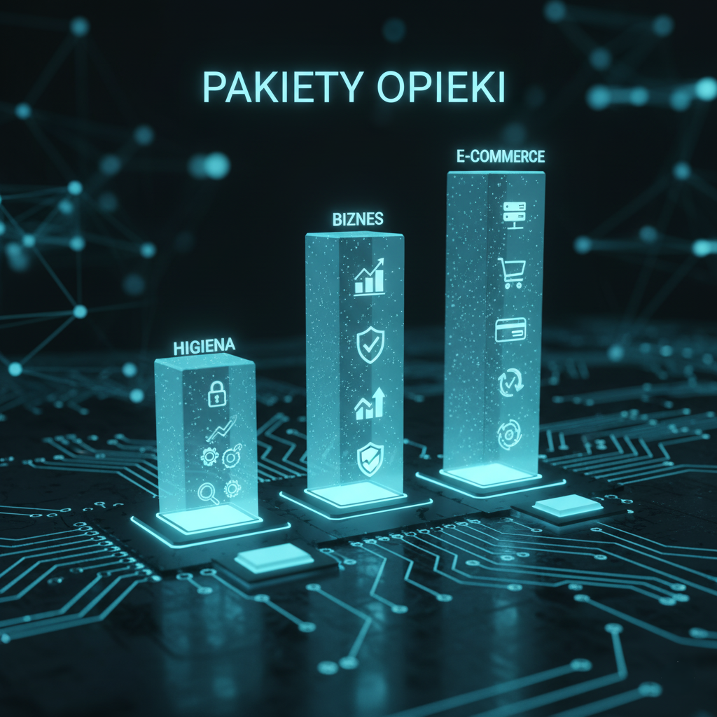 Wizualizacja 3D prezentująca trzy pakiety opieki nad stroną www, oferowane przez agencję Copylead: Higiena, Biznes oraz E-commerce.