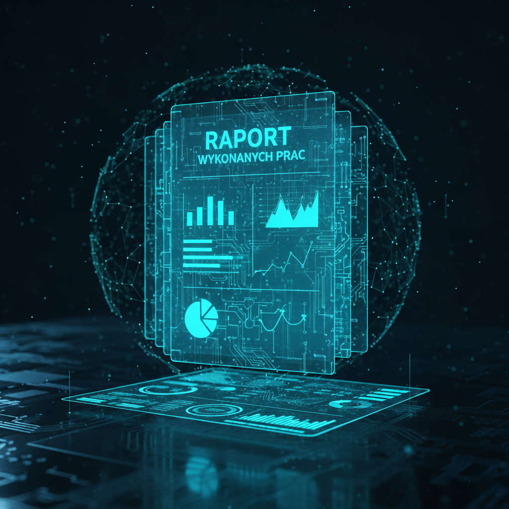 Grafika 3D przedstawiająca cyfrowy dokument "RAPORT WYKONANYCH PRAC" z danymi i wykresami, ilustrujący element usługi profesjonalna opieka nad stroną.
