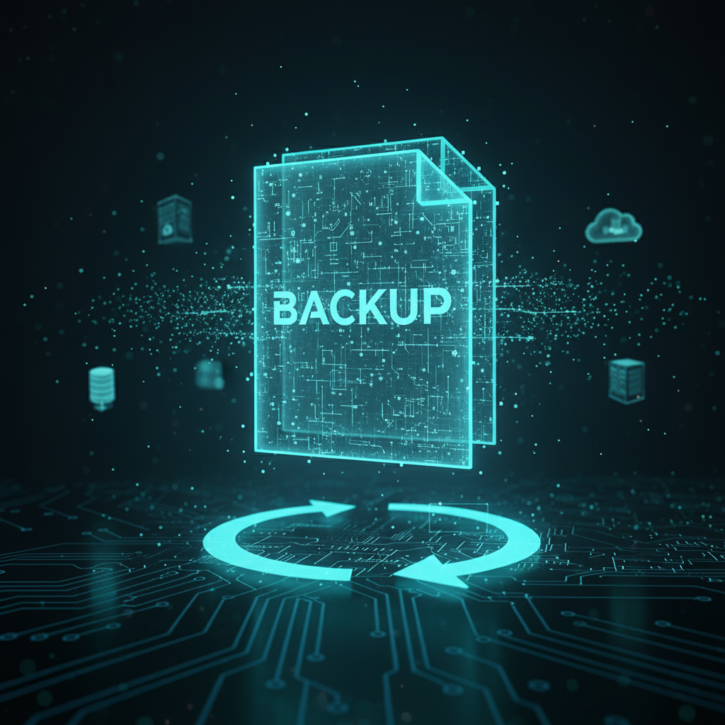 Grafika 3D przedstawiająca ikonę kopiowania plików z napisem "BACKUP", symbolizująca tworzenie kopii zapasowych strony internetowej.