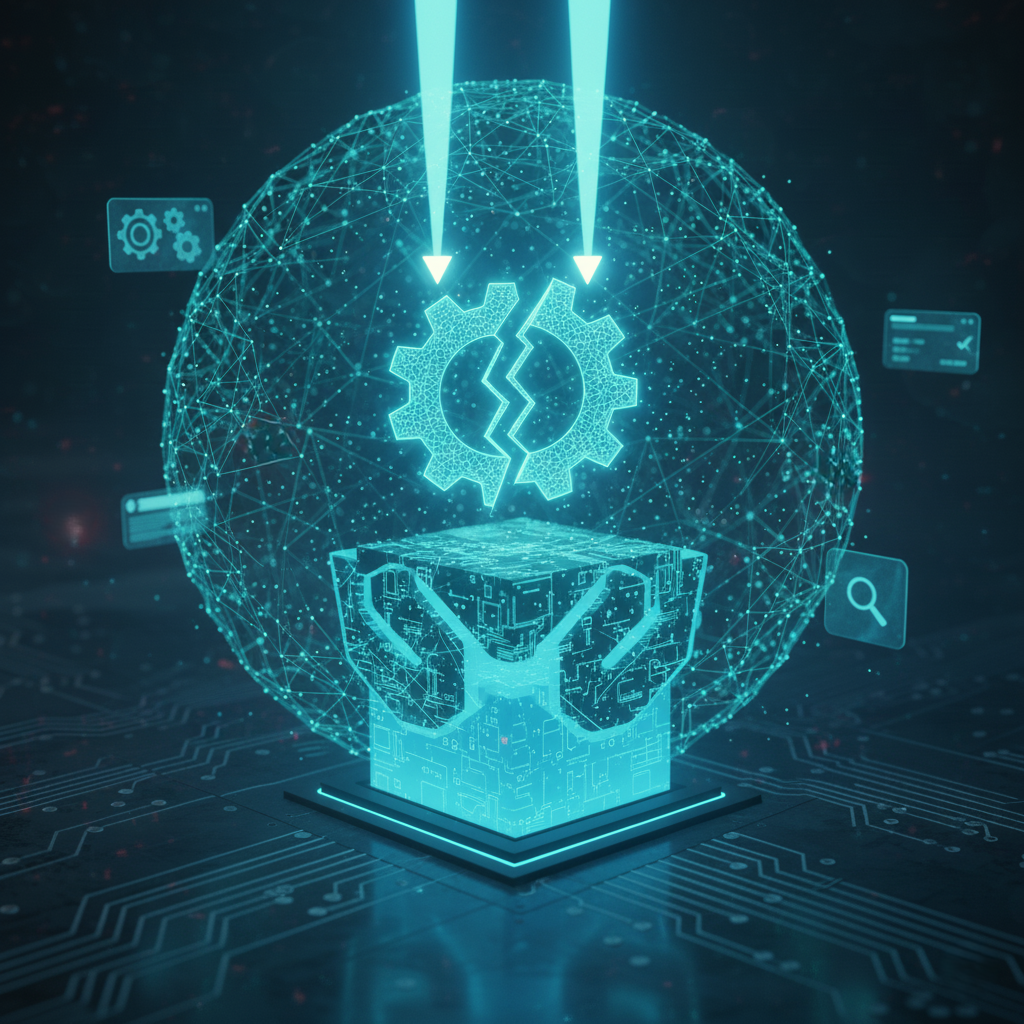 Grafika 3D ilustrująca wsparcie techniczne, z cyfrowymi dłońmi podtrzymującymi uszkodzoną zębatkę w otoczeniu sieci – niezbędne w profesjonalne zarzadzanie stroną internetową.