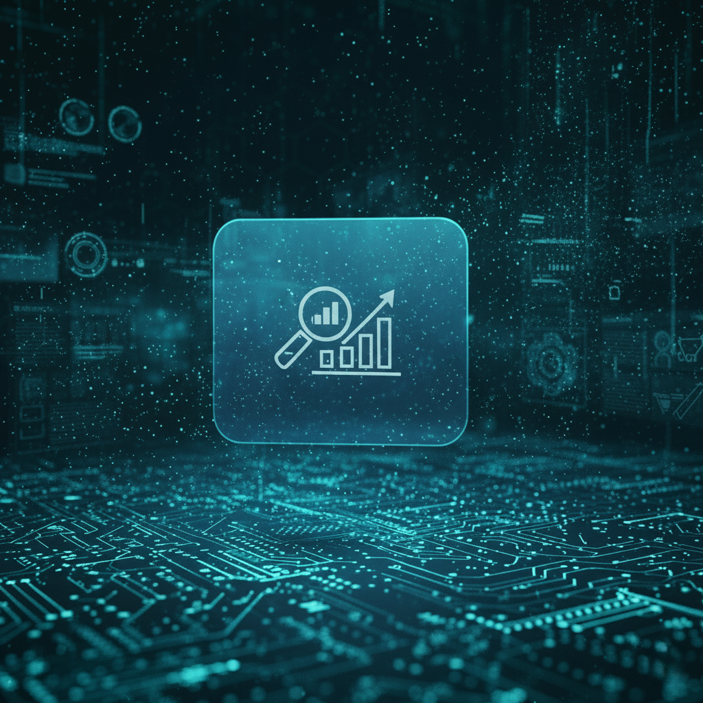 Futurystyczna grafika prezentująca szklaną, przestrzenną płytkę z ikoną lupy i rosnących słupków. Obraz symbolizuje analizę danych i badanie rynku w agencji marketingowej Copylead. Wizualizacja przedstawia pierwszy etap pracy Copylead, skupiający się na zbieraniu informacji i strategii dla małych firm.