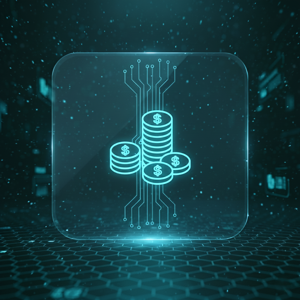 Futurystyczna grafika 3D z ikoną kilku monet, symbolizująca realny budżet i efektywność kosztową. Jest to priorytet dla marketingu dla mikroprzedsiębiorstw, który oferuje agencja marketingowa dla małych firm Copylead.