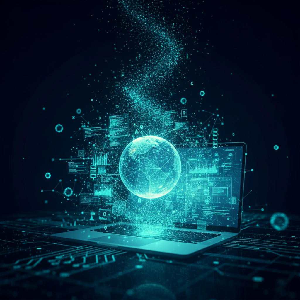 Futuristyczna grafika prezentująca laptopa otoczonego dynamicznymi, cyfrowymi danymi, wykresami i wirującą kulą ziemską. Obraz symbolizuje globalny marketing internetowy dla małych firm oraz zaawansowane strategie cyfrowe oferowane przez agencję marketingową Copylead. W tle widoczne są elementy technologii i sieci, podkreślające kompleksowe działania SEO, analitykę i rozwój biznesu online, z jakich słynie Copylead.