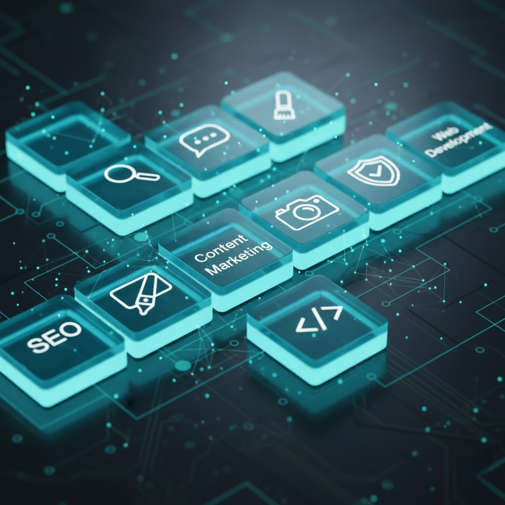 Abstrakcyjna wizualizacja 3D pokazująca kompetencje agencji marketingowej. Półprzezroczyste, świecące płytki z ikonami usług (SEO, content, web) ułożone są w dynamiczną strukturę przypominającą Mahjong na cyfrowym tle.