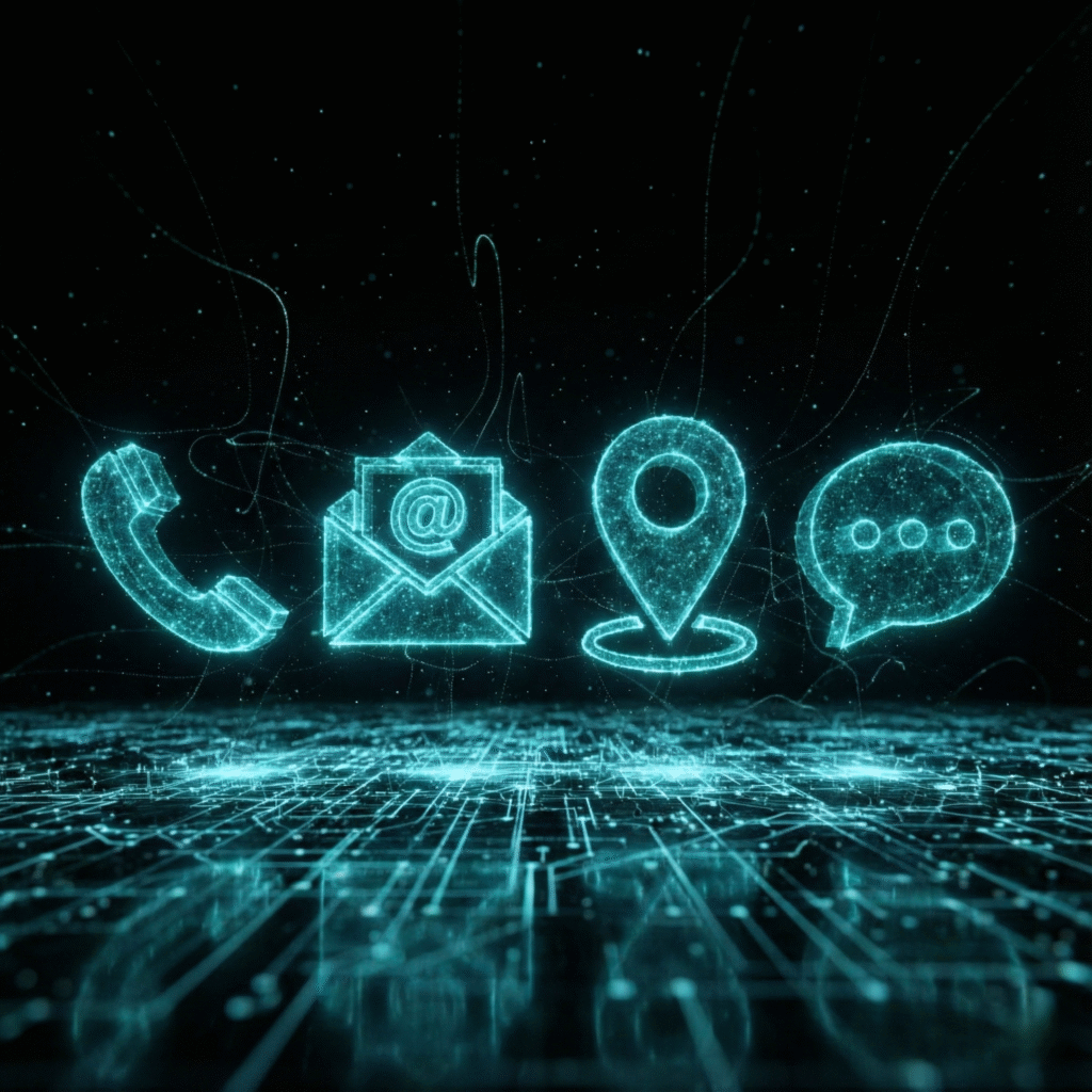 Przestrzenne, świecące na cyjanowo ikony 3D symbolizujące telefon, e-mail i lokalizację na technologicznym tle. Sekcja kontakt Copylead – agencja marketingowa (łódzkie) zaprasza na konsultację marketingową.