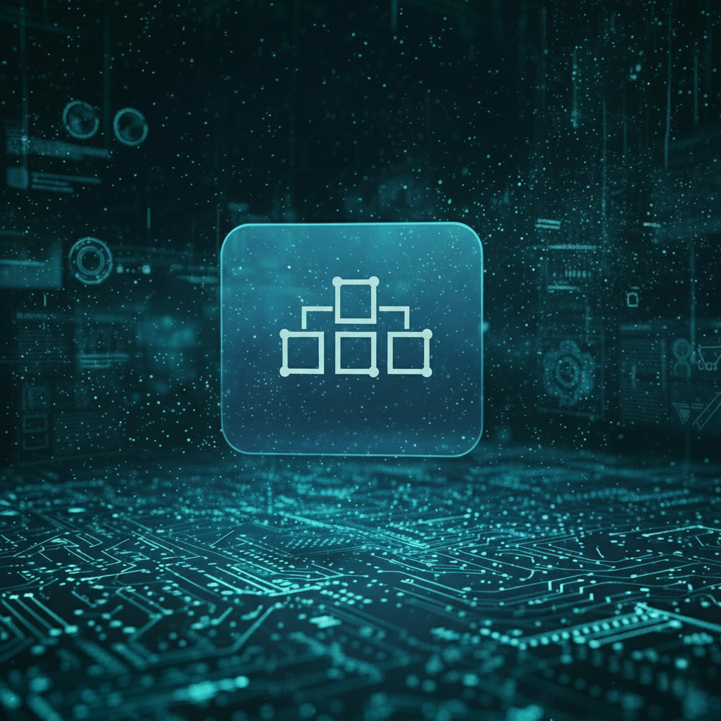 Futurystyczna grafika prezentująca szklaną, przestrzenną płytkę z ikoną, która symbolizuje opracowanie strategii marketingowej i planowanie działań w agencji marketingowej Copylead. Wizualizacja przedstawia kluczowy etap pracy Copylead, skupiający się na budowaniu strategii dla małych firm.