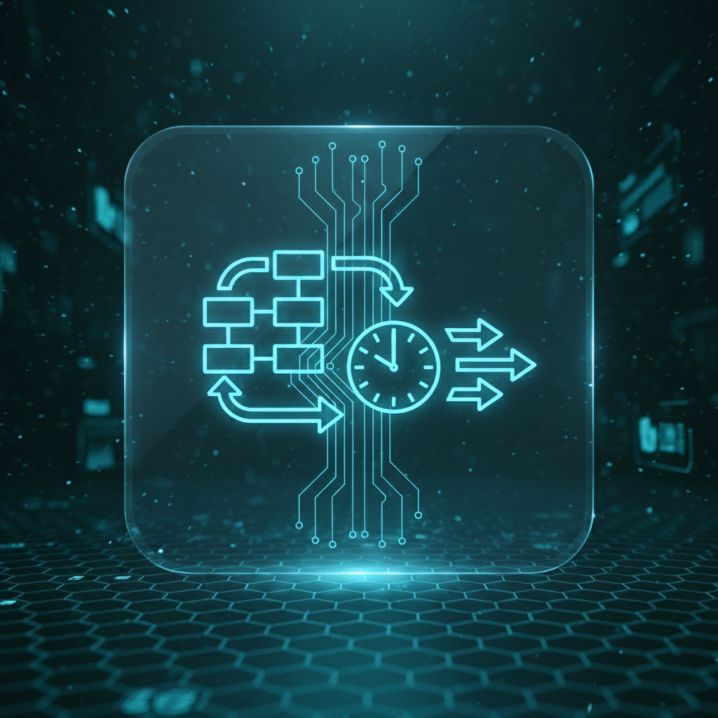 Futurystyczna grafika 3D z ikoną zegara, symbolizująca oszczędność czasu i proste, bezstresowe procesy. Gwarantuje to Copylead w ramach marketingu dla małych firm, umożliwiając klientowi skupienie się na rozwoju.