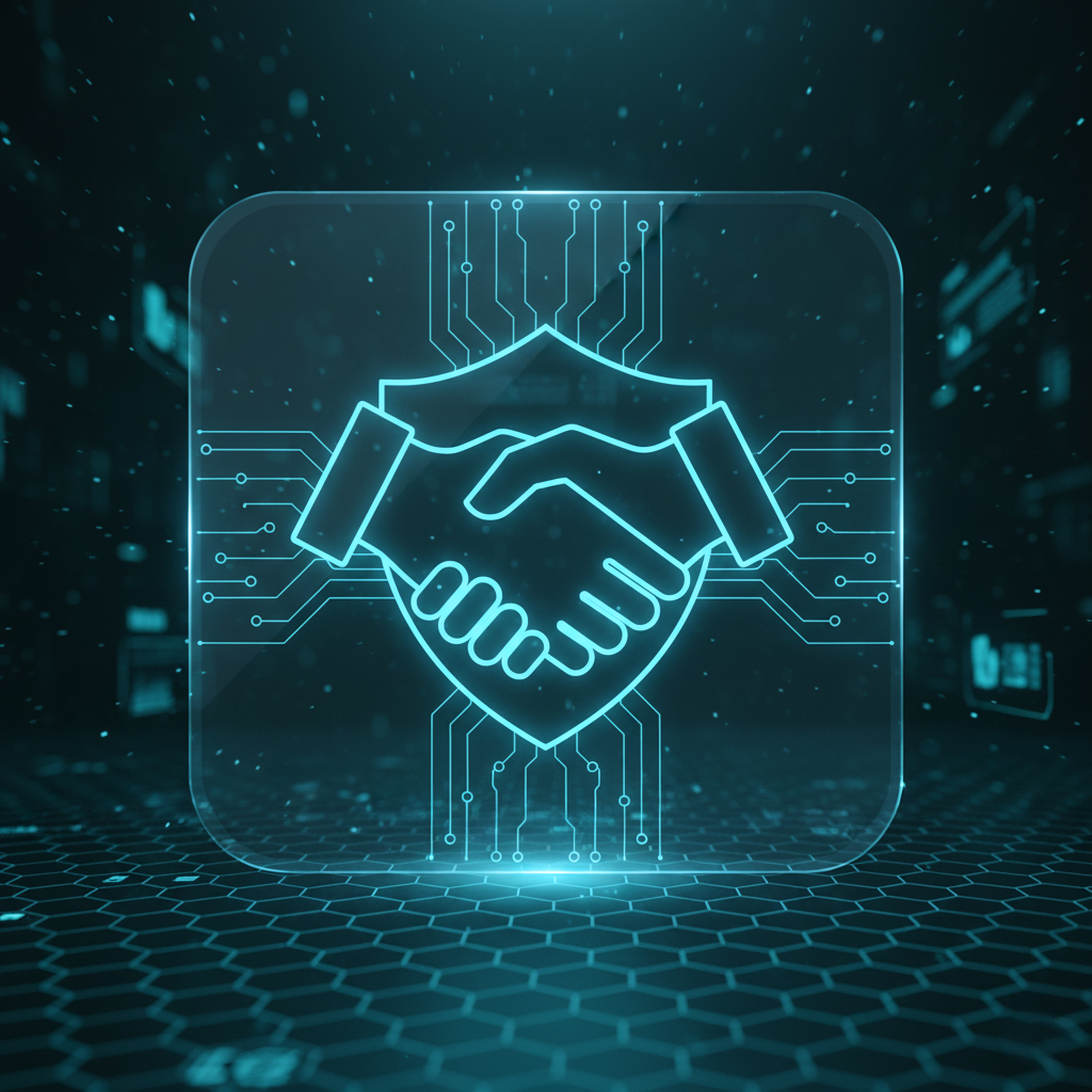 Futurystyczna grafika 3D z ikoną uścisku dłoni, symbolizująca partnerską współpracę i zaufanie. To kluczowa wartość, jaką agencja marketingowa dla małych firm Copylead wnosi do marketingu internetowego dla małych firm.