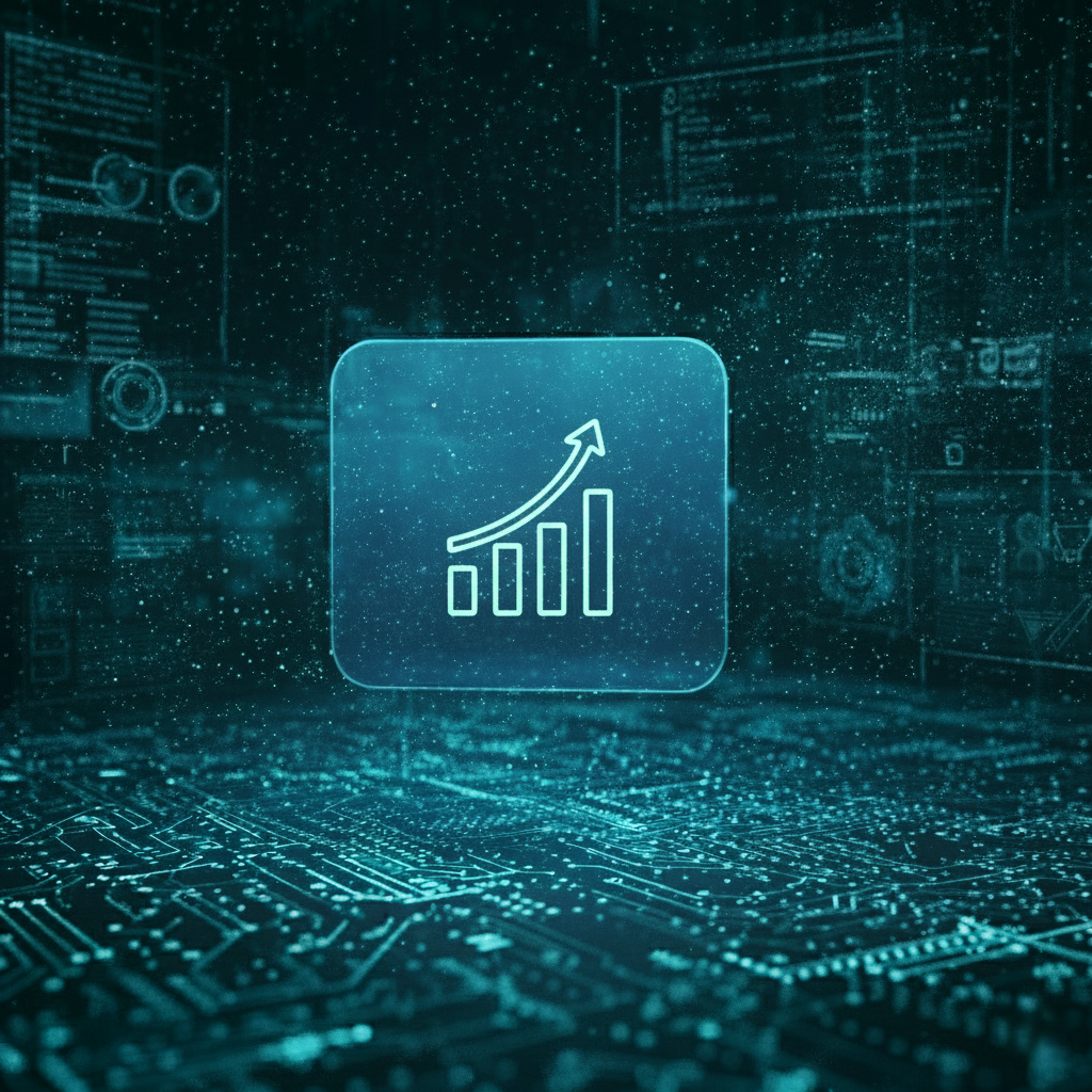 Futurystyczna grafika prezentująca szklaną, przestrzenną płytkę z ikoną wykresu słupkowego i strzałki w górę, w subtelnym, cyjanowo-niebieskim odcieniu. Obraz symbolizuje pomiar efektywności kampanii i analizę wyników w agencji marketingowej Copylead. Wizualizacja przedstawia kluczowy etap pracy Copylead, skupiający się na ewaluacji działań marketingu dla małych firm oraz strategii SEO.