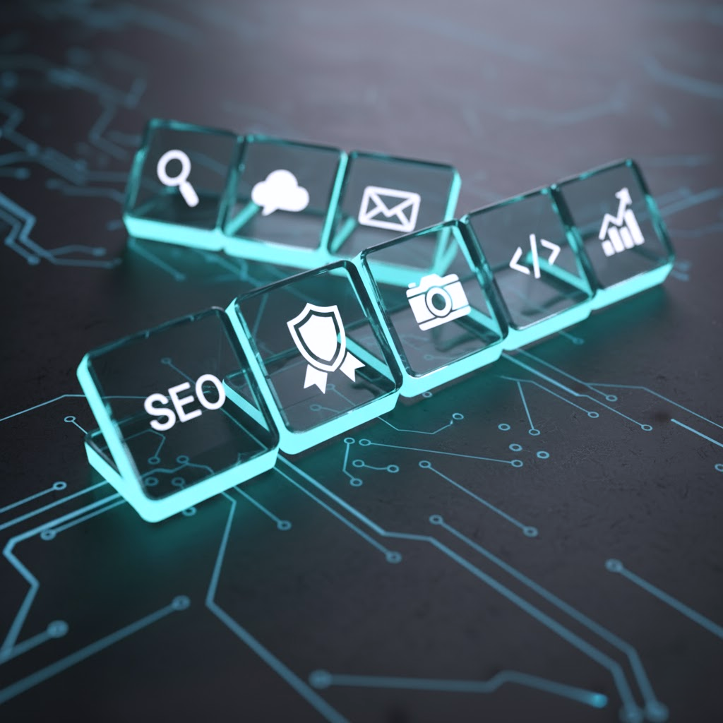 Abstrakcyjna wizualizacja 3D pokazująca kompetencje agencji marketingowej. Półprzezroczyste, świecące płytki z ikonami usług (SEO, content, web) ułożone są w dynamiczną strukturę.