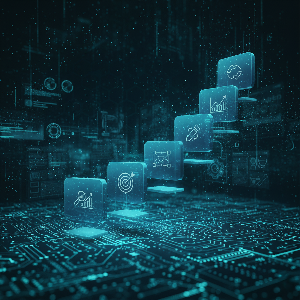 uturystyczna grafika przedstawiająca sześć pływających stopni z ikonami, symbolizująca 6-etapowy proces współpracy. Tak agencja marketingowa dla małych firm Copylead wizualizuje strategię i rozwój.