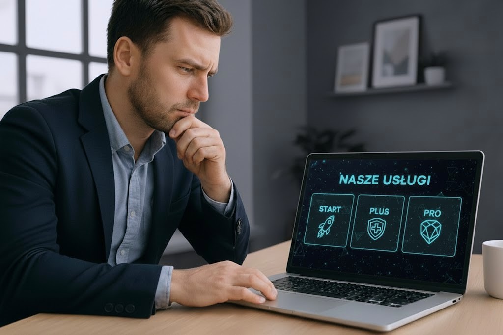 Mężczyzna w biurze Copylead patrzy na ekran laptopa z ofertą pakietów oferujących usługi marketingowe dla firm: Start, Plus i Pro. Na ekranie widoczne są trójwymiarowe, neonowe ikony symbolizujące wartość każdego pakietu.