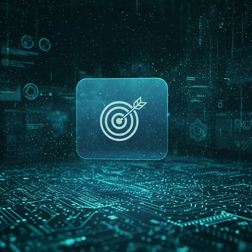 Futurystyczna grafika prezentująca szklaną, przestrzenną płytkę z ikoną tarczy i strzały. Obraz symbolizuje precyzyjne ustalanie celów marketingowych i kierunków rozwoju w agencji marketingowej Copylead. Wizualizacja przedstawia kluczowy etap pracy Copylead, skupiający się na definiowaniu strategii dla małych firm.