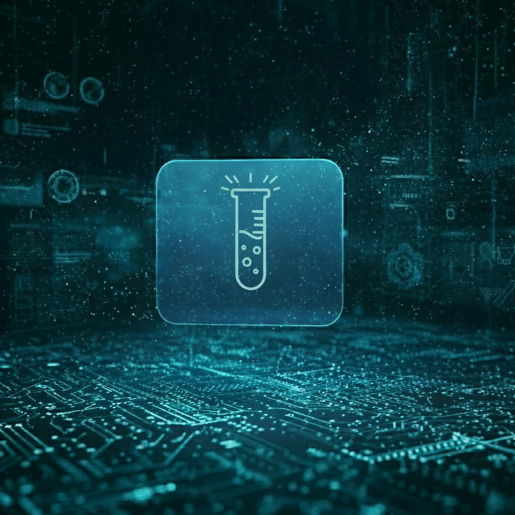 Futurystyczna grafika prezentująca szklaną, przestrzenną płytkę z ikoną probówki laboratoryjnej w subtelnym, cyjanowo-niebieskim odcieniu. Obraz symbolizuje wdrożenie strategii marketingowej i testowanie rozwiązań w agencji marketingowej Copylead. Wizualizacja przedstawia kluczowy etap pracy Copylead, skupiający się na implementacji planu dla małych firm, w ramach marketingu internetowego.