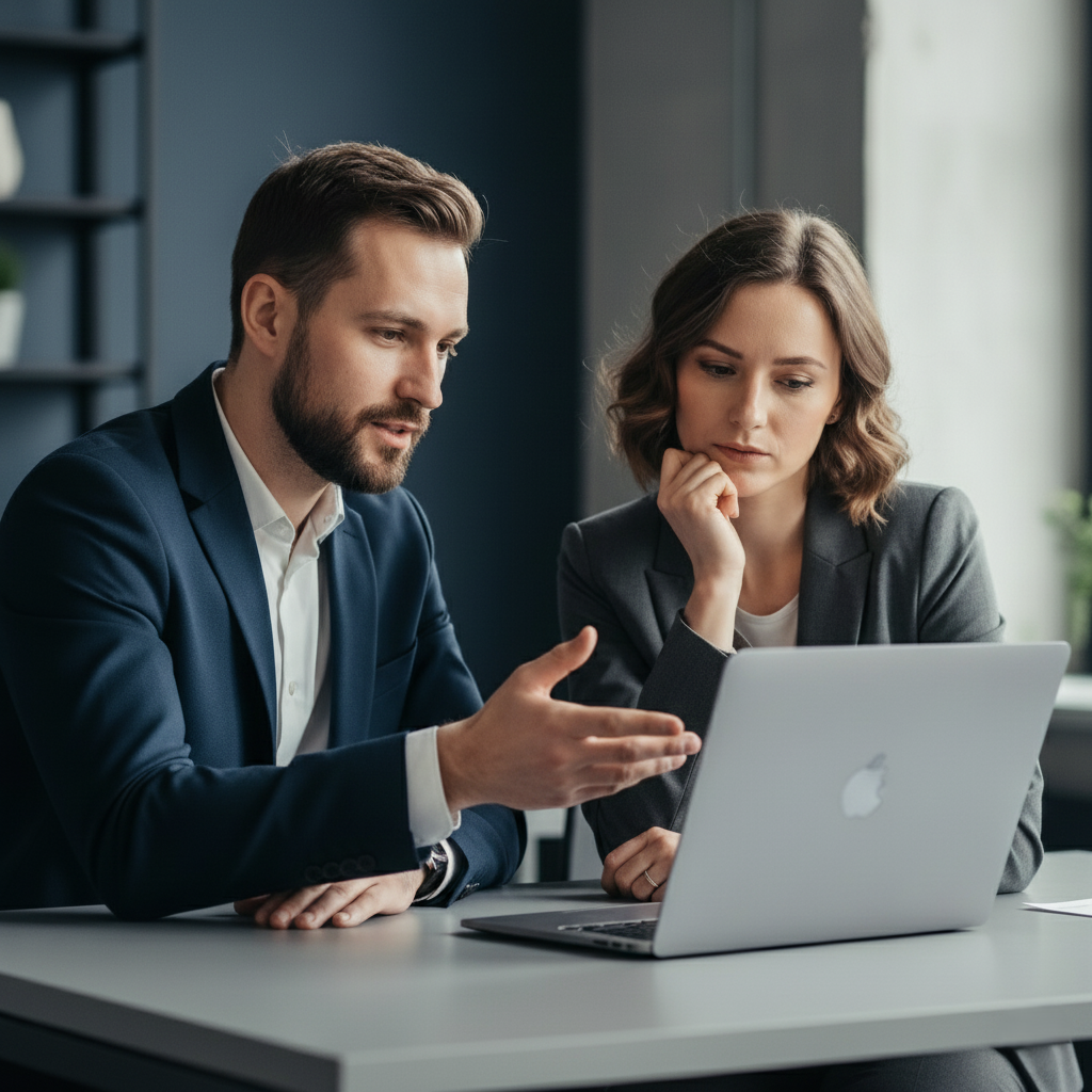 Profesjonalne zdjęcie biznesowe przedstawiające dwoje ludzi (mężczyznę i kobietę) pracujących i rozmawiających przy laptopie w nowoczesnym biurze w odcieniach granatu i szarości. To wizualizacja współpracy i ekspertyzy, którą oferuje agencja marketingowa dla małych firm, pomagając rozwijać ich biznes.