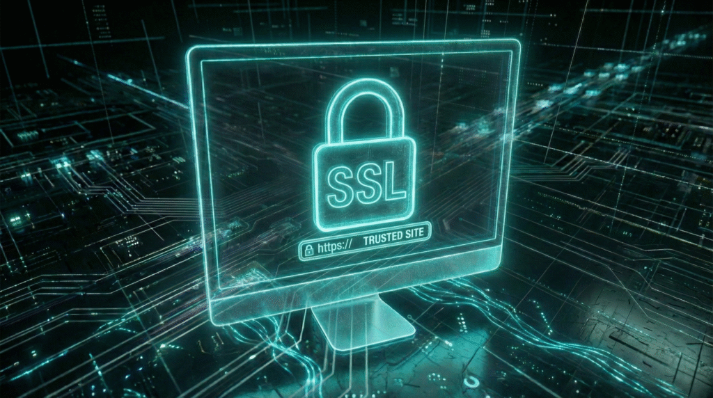 Kluczowe cechy dobrej strony www to m. in. certyfikat bezpieczeństwa SSL widoczny na ekranie monitora. 