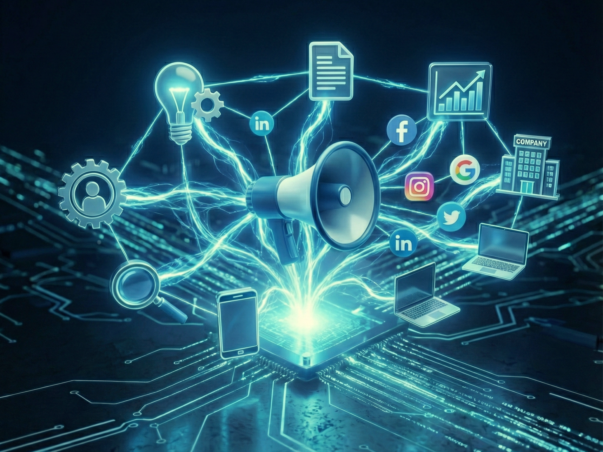 Futurystyczna grafika, ilustrująca, jak reklamować firmę za pomocą połączonych narzędzi digital marketingu, takich jak media społecznościowe, SEO i e-mail.