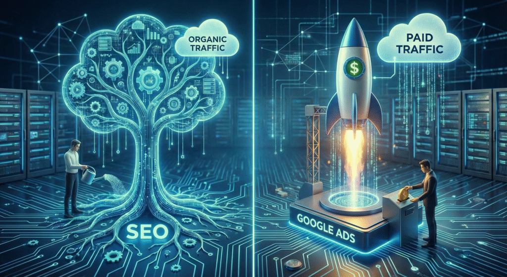 Futurystyczna wizualizacja 3D porównująca pozycjonowanie i płatne kampanie, obrazująca skuteczne metody na to, jak reklamować firmę w internecie za pomocą SEO i Google Ads.