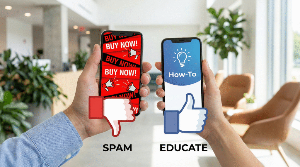 Porównanie na dwóch smartfonach trzymanych w dłoniach: czerwony ekran "SPAM" z łapką w dół i niebieski ekran "EDUCATE" z łapką w górę, ilustrujące, że edukacja klienta jest lepszym sposobem na to, jak sprzedawać na Facebooku, niż agresywna reklama.