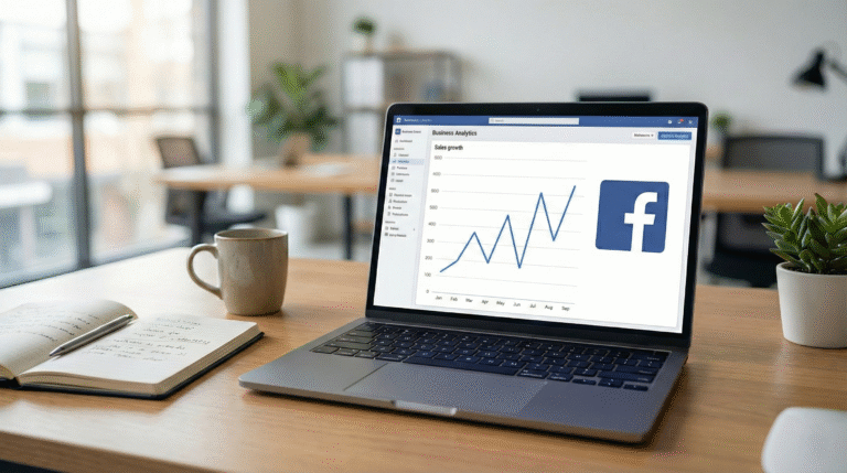 Laptop z wynikami kampanii reklamowej, obrazujący jak sprzedawać na Facebooku usługi i produkty w firmie.