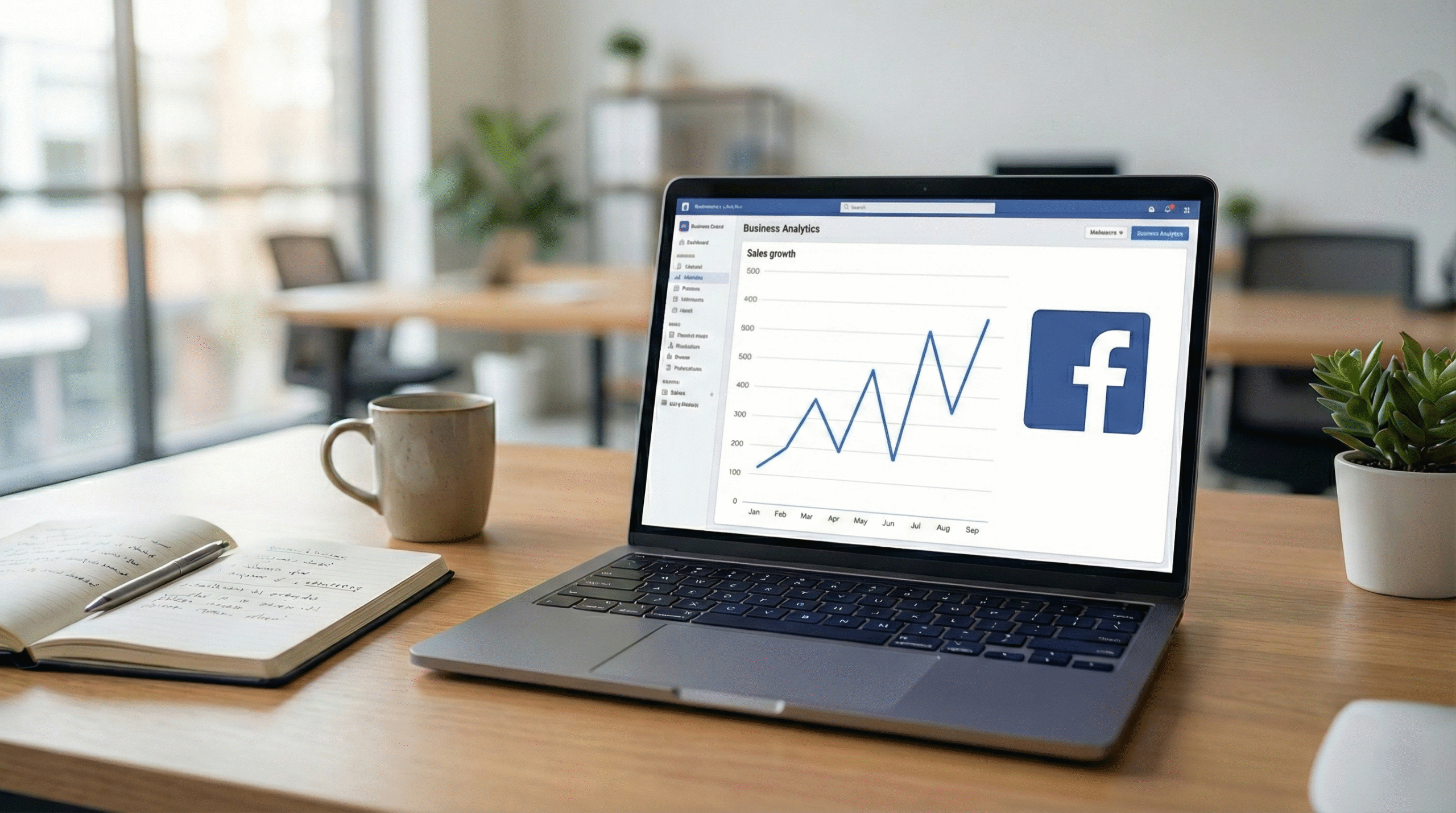 Laptop z wynikami kampanii reklamowej, obrazujący jak sprzedawać na Facebooku usługi i produkty w firmie.