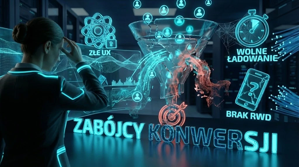 Futurystyczna infografika 3D "Zabójcy konwersji", pokazująca pęknięty lejek oraz błędy takie jak złe UX, wolne ładowanie i brak RWD, które negatywnie wpływają na to, czym jest konwersja w marketingu.