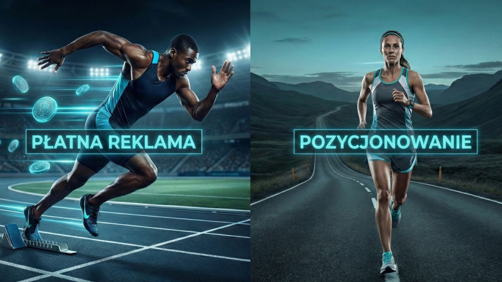 Grafika porównująca pozycjonowanie czy Google Ads jako maraton i sprint w kontekście strategii marketingowej.