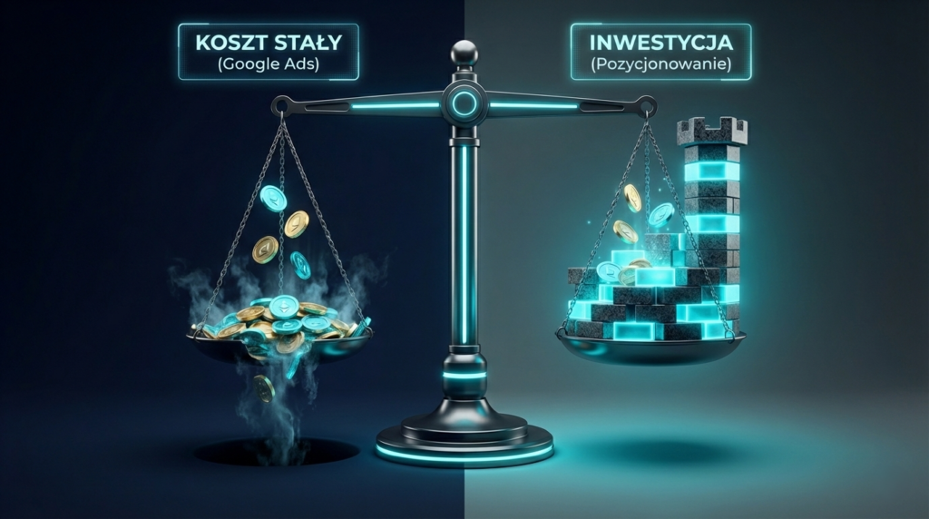 Grafika porównująca pozycjonowanie czy Google AdWords, przedstawiająca płatną reklamę jako koszt stały, a pozycjonowanie jako długofalową inwestycję.