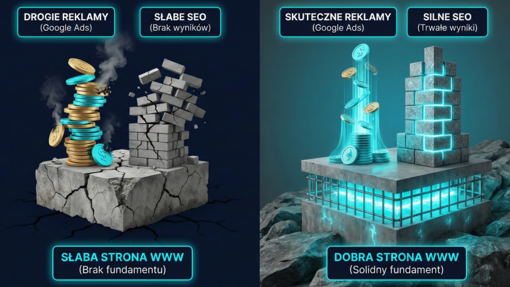 Ilustracja pokazująca, że dobra strona www to solidny fundament, bez którego reklama pozycjonowanie nie przyniosą efektów.