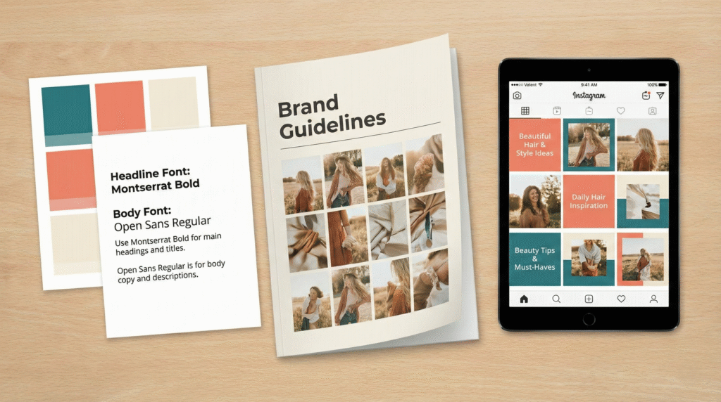 Flat lay przedstawiający spójność wizualną marki: otwarty brand book z paletą kolorów i krojami pism oraz tablet z Instagramem, co jest kluczowe, aby wiedzieć jak sprzedawać na Facebooku i budować profesjonalny wizerunek.