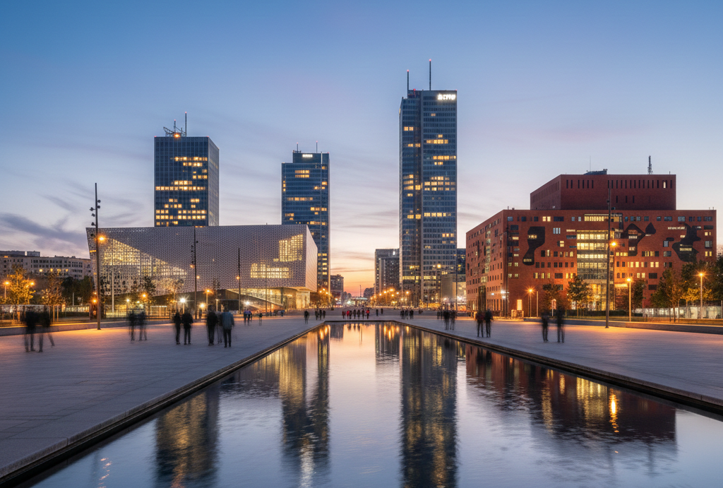 Nowoczesne centrum Katowic o zmierzchu – profesjonalna obsługa social media Katowice dla lokalnych firm.