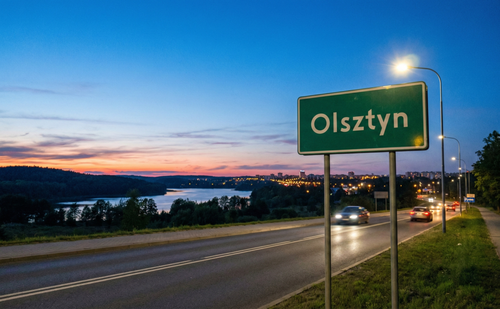 Zielony znak drogowy z napisem Olsztyn o zmierzchu na tle jeziora i rozświetlonego miasta – obsługa social media Olsztyn
