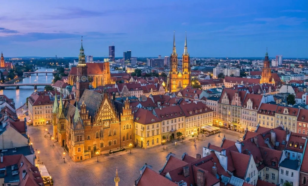 Panoramy Wrocławia – Rynek o zmierzchu. Obsługa social media Wrocław przez agencję Copylead.