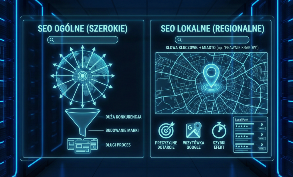 Holograficzny schemat porównujący pozycjonowanie lokalne czy ogólne: po lewej globus i lejek symbolizujące zasięg szeroki, po prawej mapa miasta z pinezką i wizytówką Google dla zasięgu regionalnego.