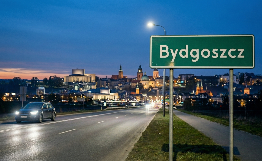 Zielony znak drogowy z nazwą miasta Bydgoszcz na tle panoramy o zmierzchu jako ilustracja usługi obsługa social media Bydgoszcz.